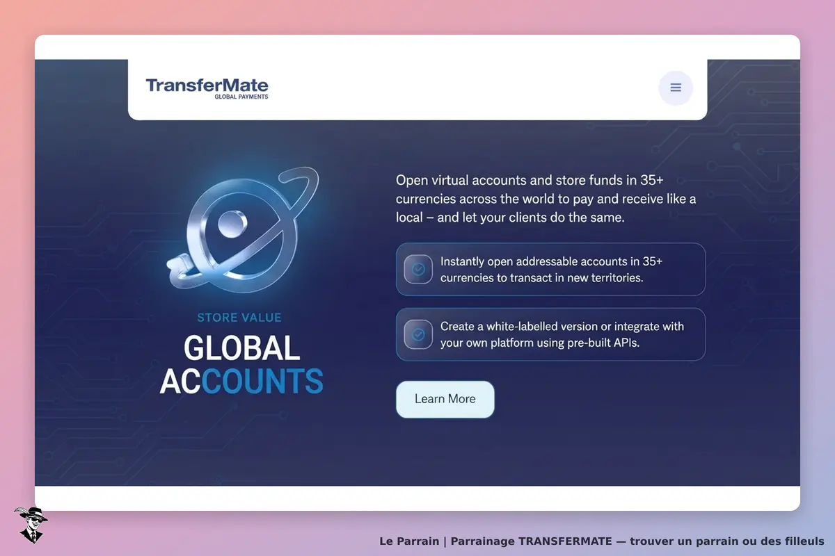 TransferMate : page d'accueil présentant des comptes virtuels et options de services financiers