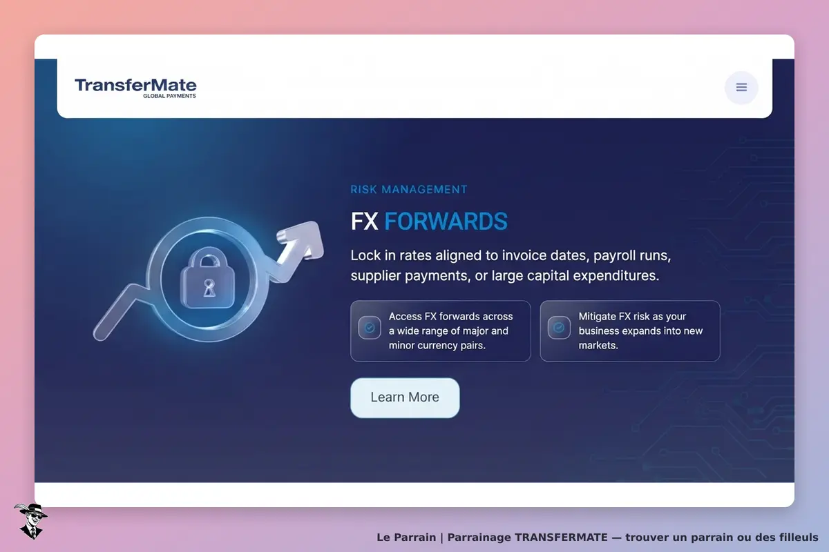 TransferMate : page d'accueil présentant le service FX forwards et ses options