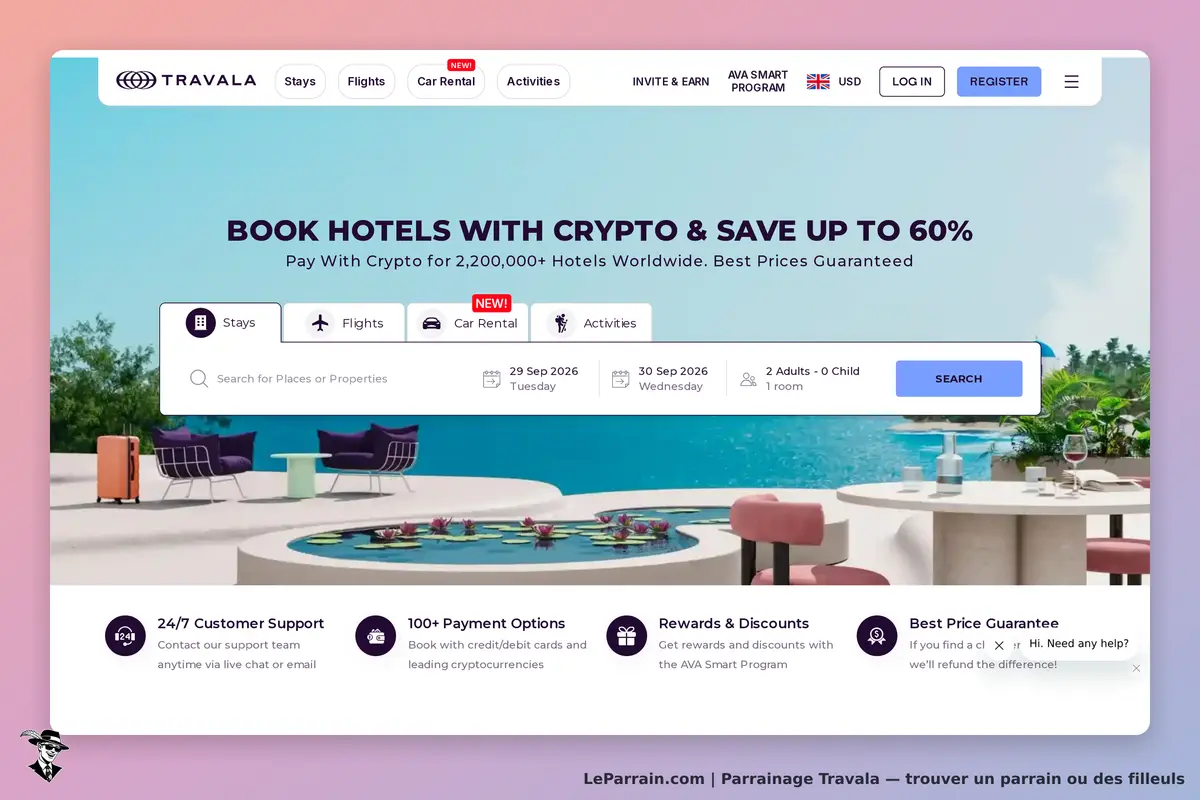 Travala : page d'accueil affichant un formulaire de recherche et des options de réservation