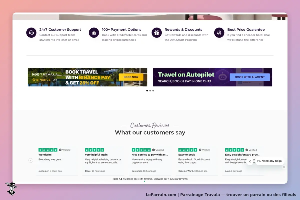 Travala : page d'accueil avec options de support, avis clients et bannières promotionnelles