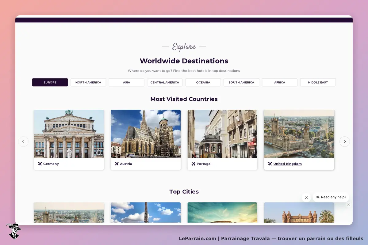 Travala : page d'accueil présentant des destinations et pays les plus visités