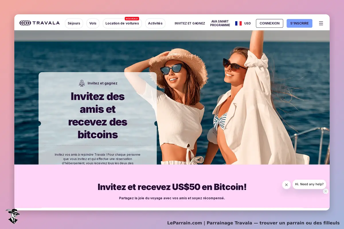Travala : deux femmes souriantes en bord de mer avec un texte sur les invitations et bitcoins