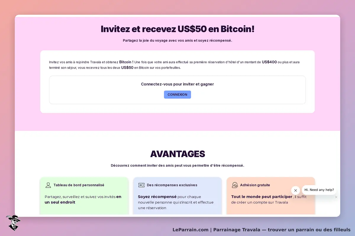 Travala : invitation à partager et formulaire de connexion pour inviter des amis