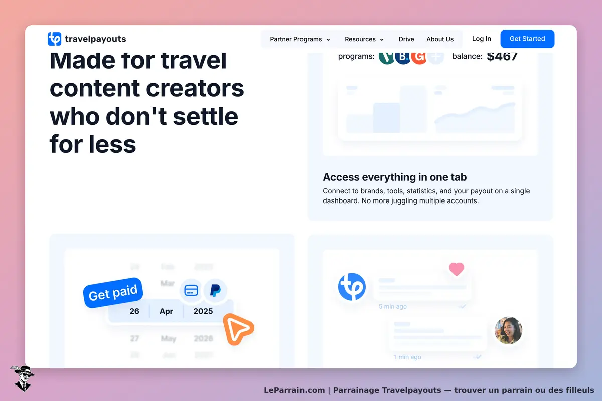 Interface de Travelpayouts pour créateurs de contenu voyage, outils et statistiques.