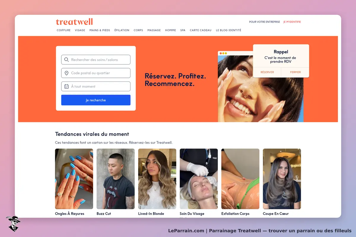 treatwell : page d'accueil avec formulaire de recherche et tendances virales affichées en images