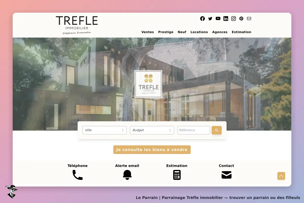 Trèfle immobilier : page d'accueil avec un formulaire de recherche et une image de propriétés