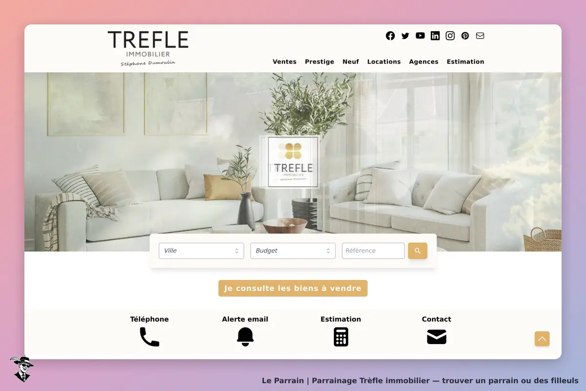 Trèfle immobilier : page d'accueil avec un salon moderne et un formulaire de recherche