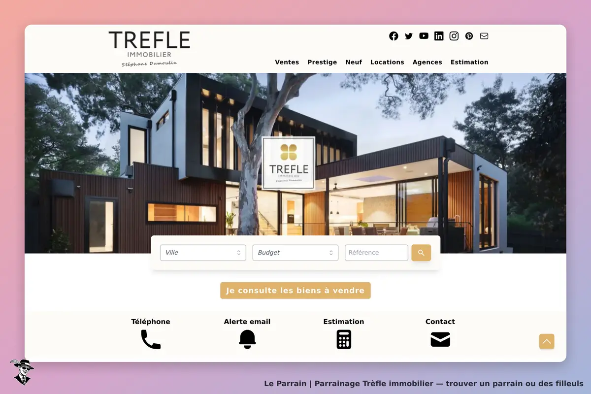 Trèfle immobilier : page d'accueil avec une maison moderne et un formulaire de recherche