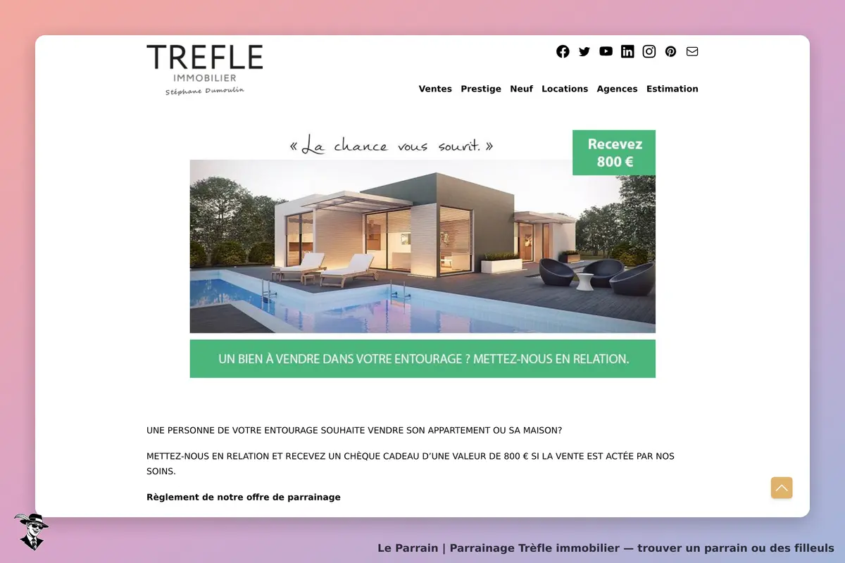 Trèfle immobilier : page d'accueil avec une maison moderne et un formulaire de parrainage