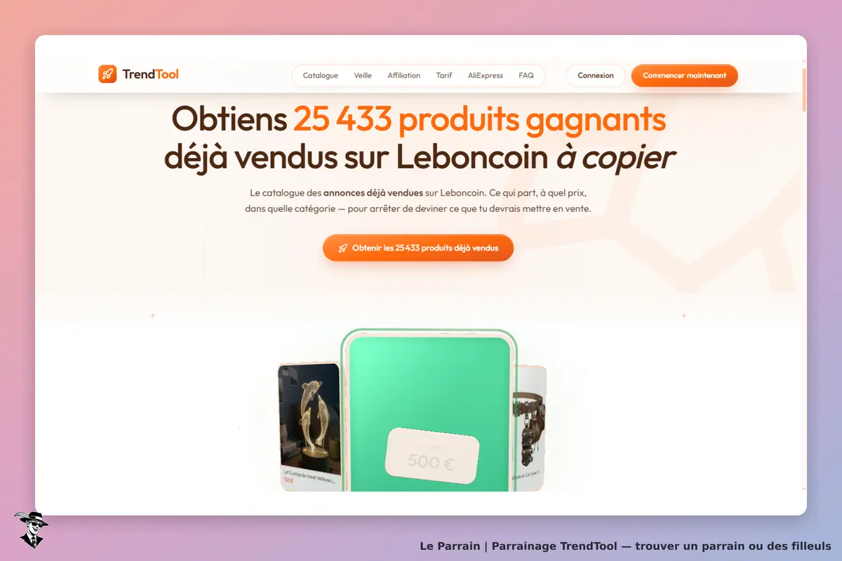 TrendTool : page d'accueil présentant des produits et un bouton pour obtenir des annonces vendues