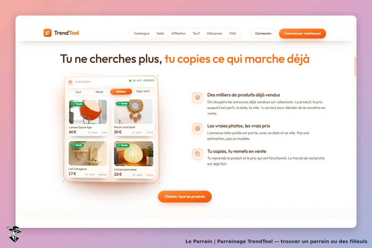 TrendTool : page d'accueil présentant des produits vendus avec images et descriptions