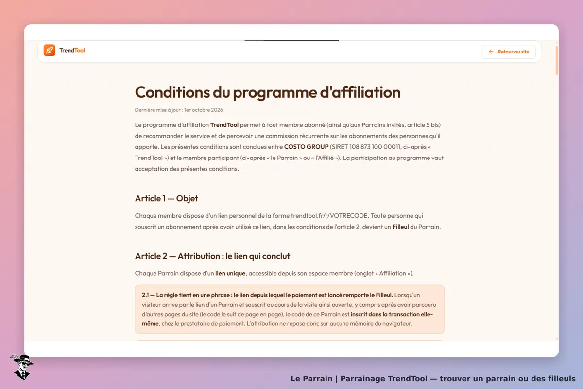 TrendTool : conditions du programme d'affiliation affichées sur la page d'accueil
