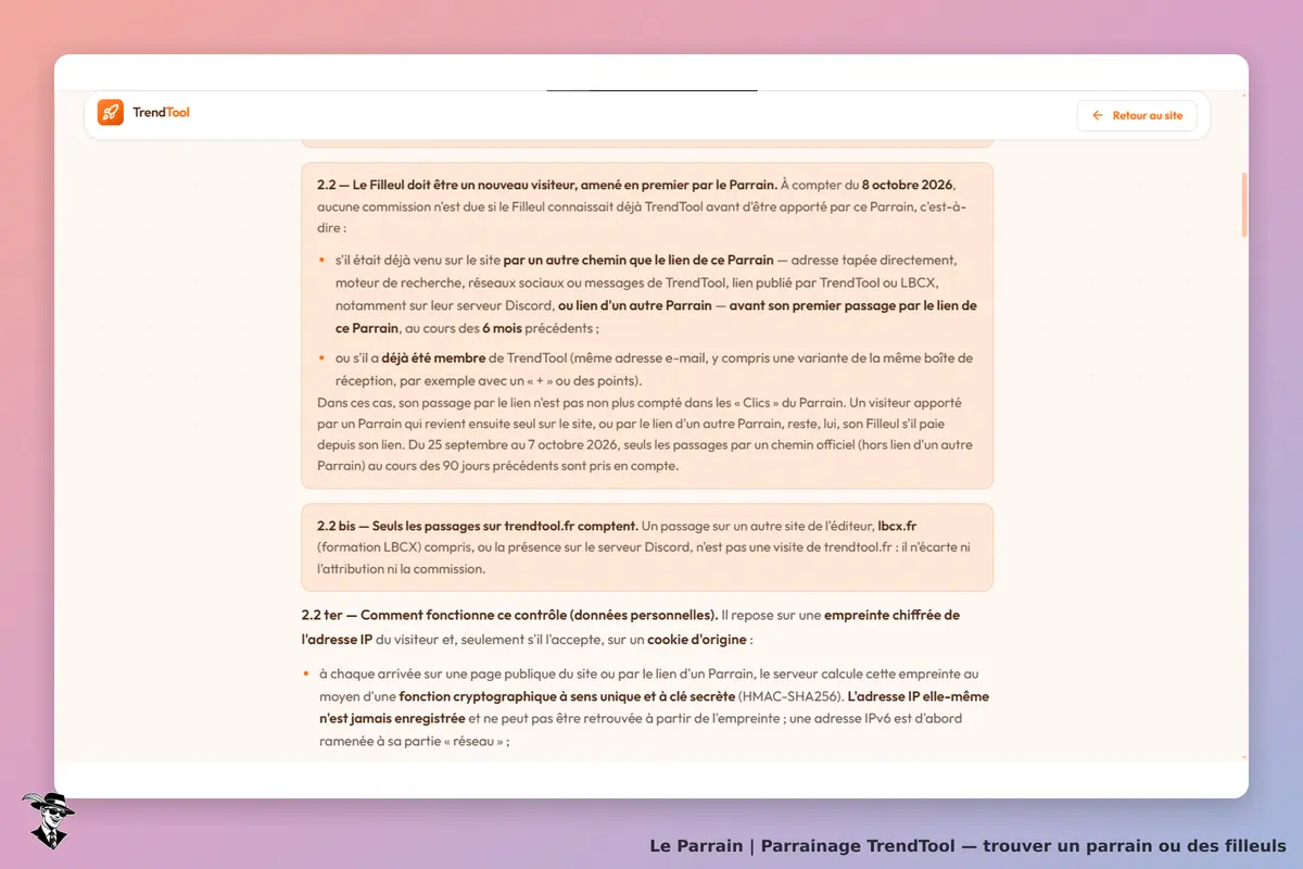 TrendTool : texte explicatif sur les conditions de parrainage et de commission