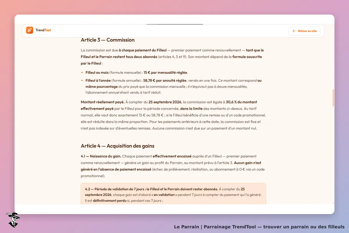 TrendTool : texte explicatif sur les commissions et l'acquisition des gains