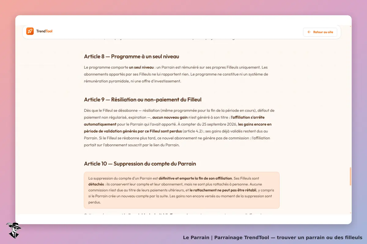 TrendTool : texte des articles sur le programme de parrainage et résiliation des filleuls