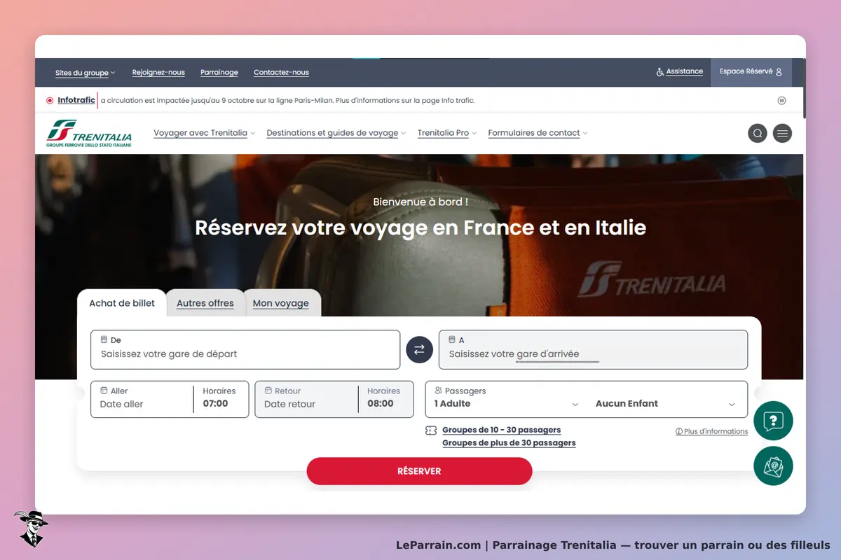 Trenitalia : page d'accueil avec formulaire de réservation de voyage en France et en Italie
