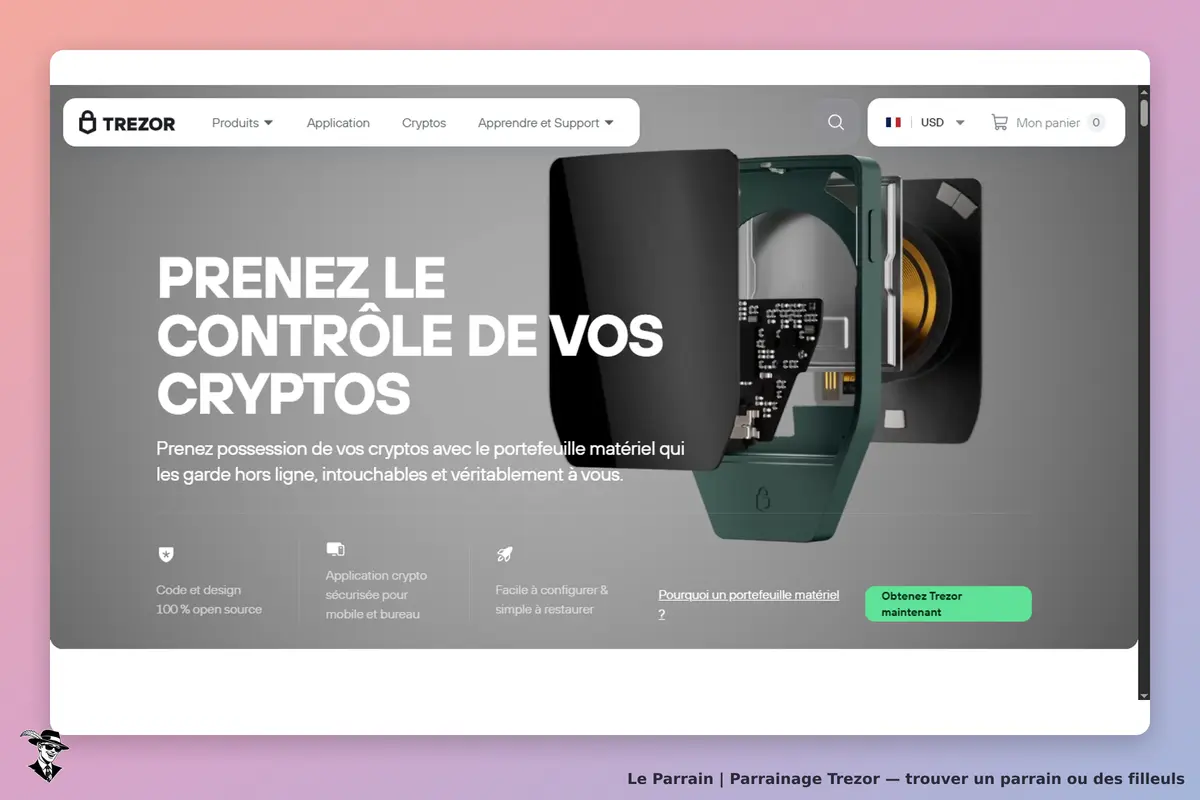 Trezor : page d'accueil présentant un portefeuille crypto ouvert avec un message d'invitation