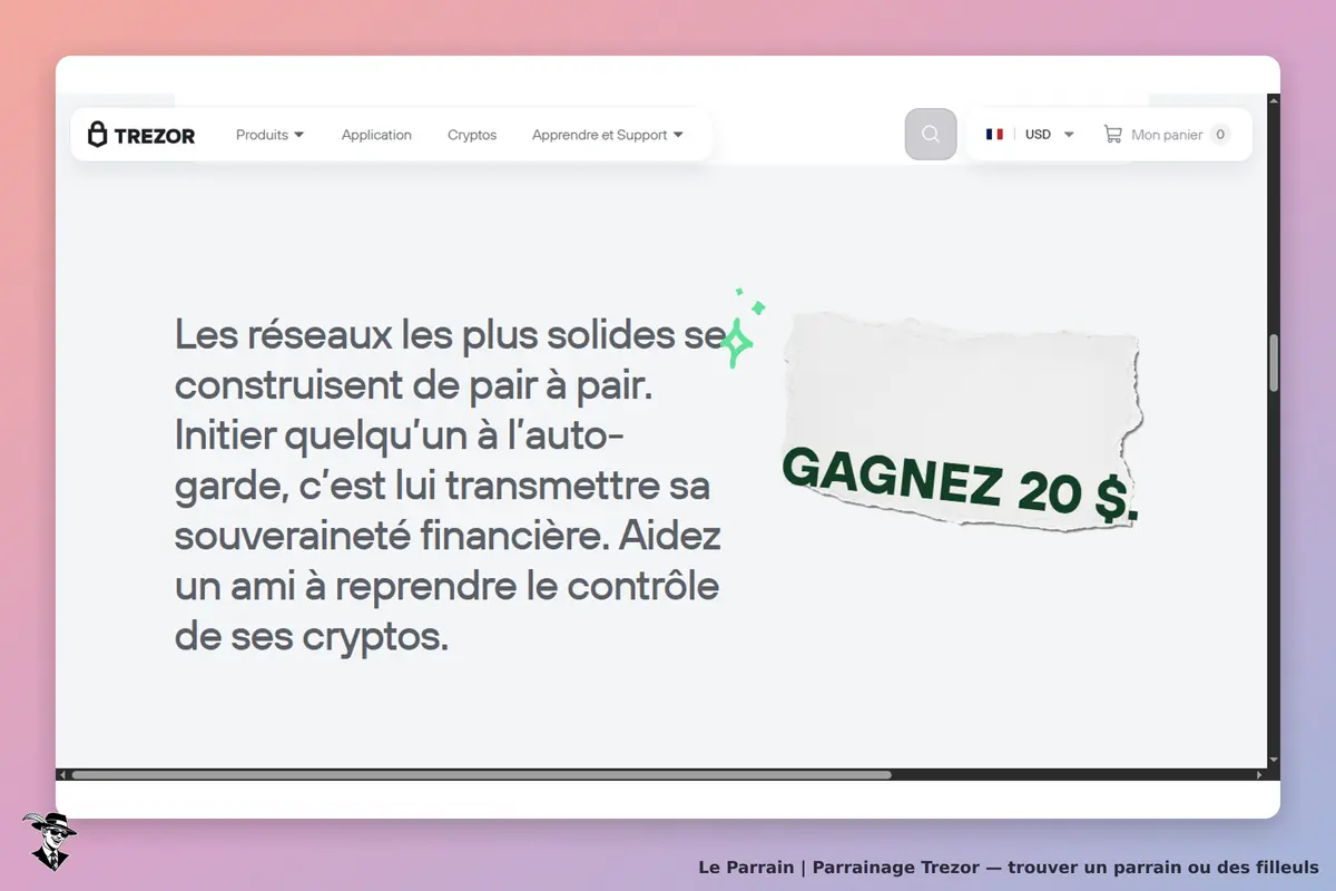Trezor : texte d'accueil sur la sécurité des cryptomonnaies et parrainage