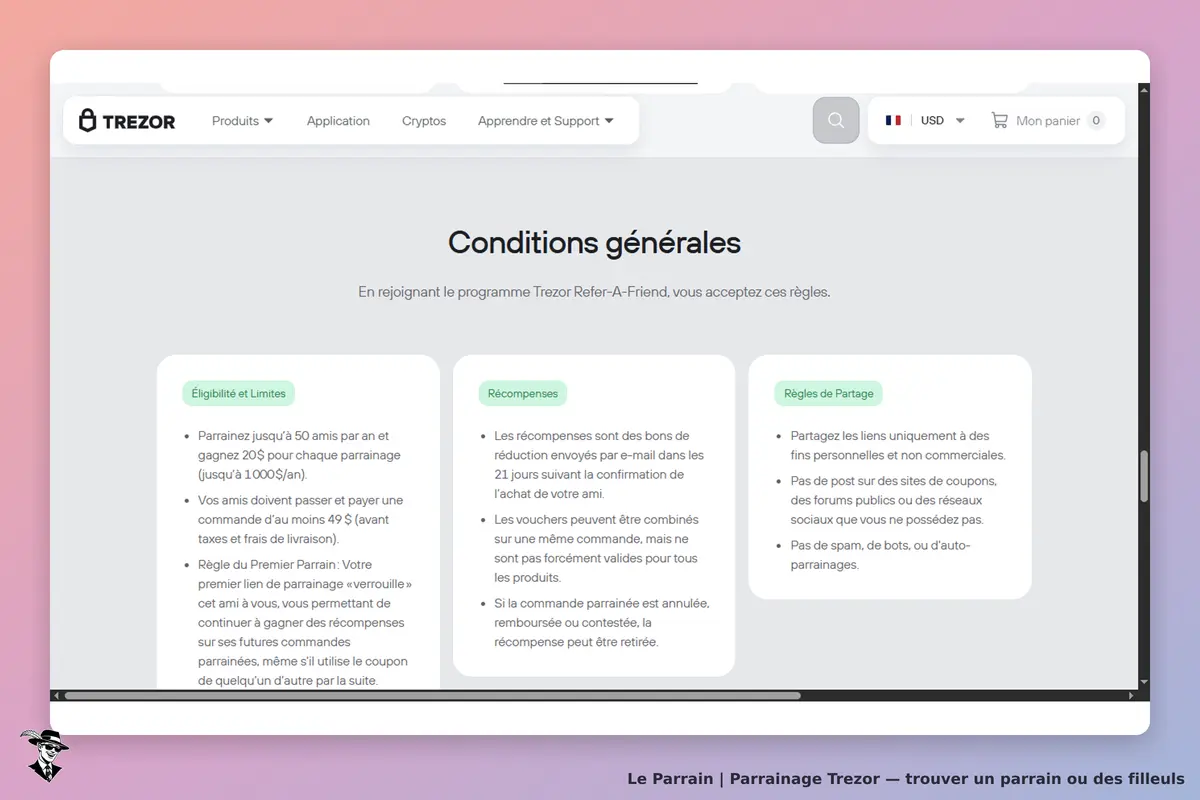 Trezor : conditions générales du programme Refer-A-Friend avec trois sections d'informations