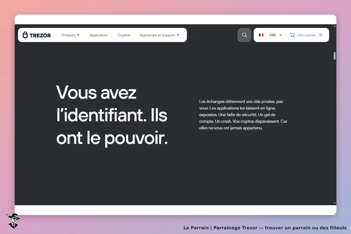 Trezor : page d'accueil avec un message sur la sécurité des clés privées et des échanges