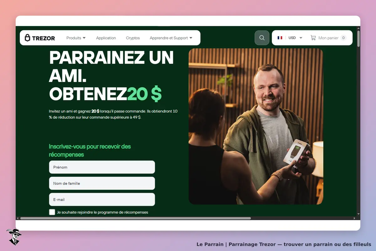 Trezor : page d'accueil avec un formulaire de parrainage et une image de deux personnes