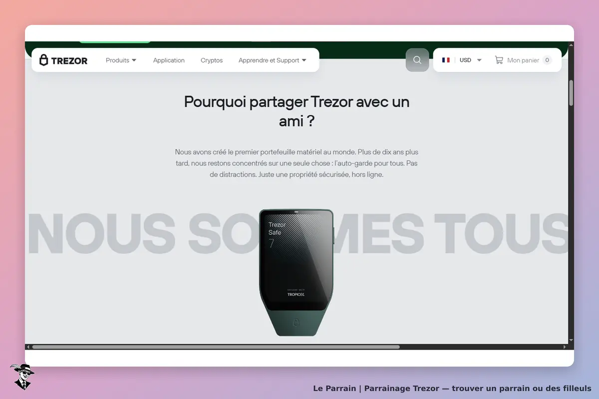 Trezor : page d'accueil présentant le portefeuille Trezor Safe 7 et un texte explicatif