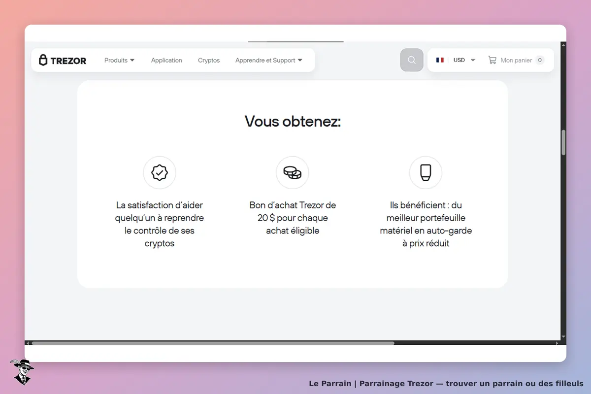Trezor : section "Vous obtenez" avec trois avantages affichés sur fond clair