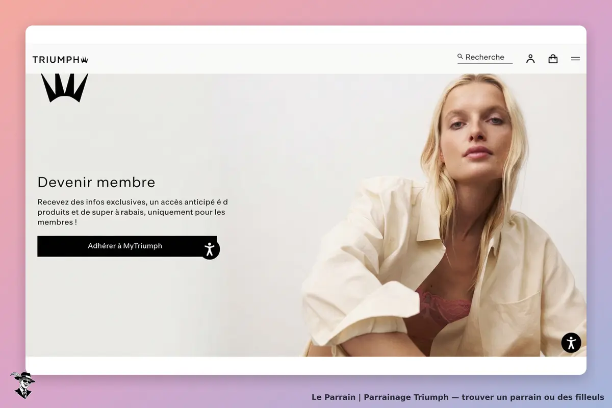 Triumph : page d'accueil avec un bouton pour devenir membre et une femme en chemise beige