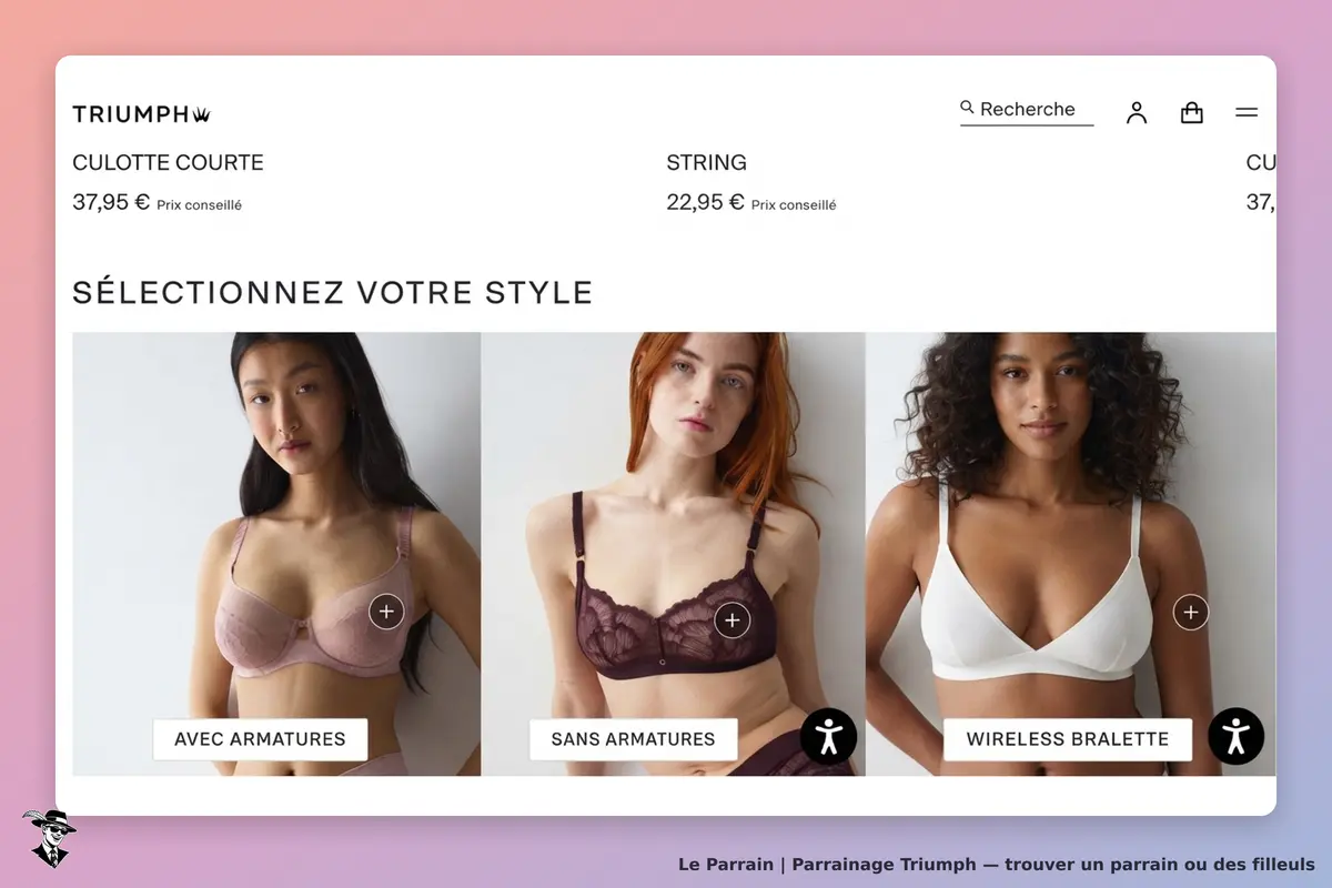 Triumph : trois modèles de lingerie affichés avec options de style et prix conseillé
