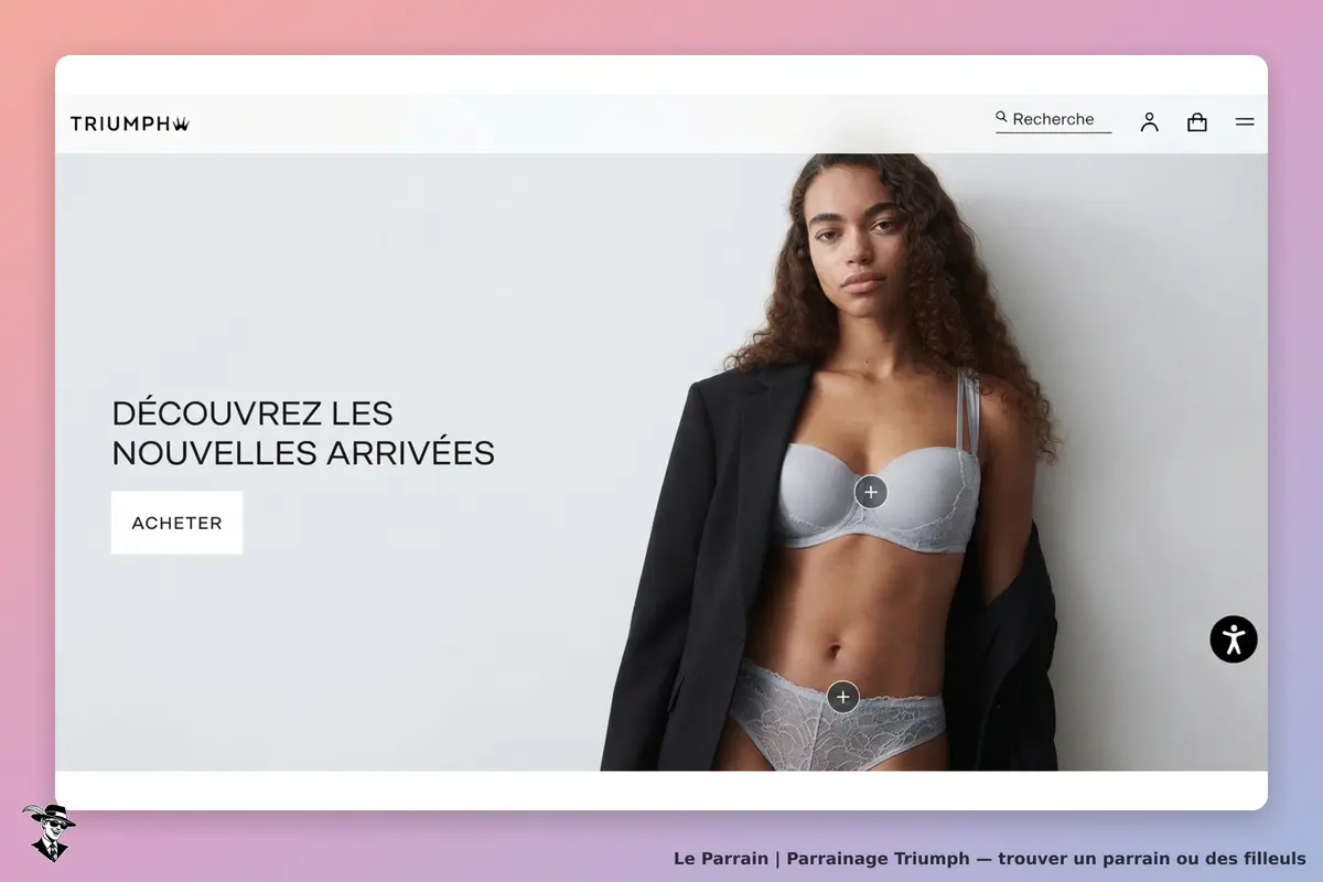 Triumph : page d'accueil présentant un modèle en lingerie avec un message sur les nouvelles