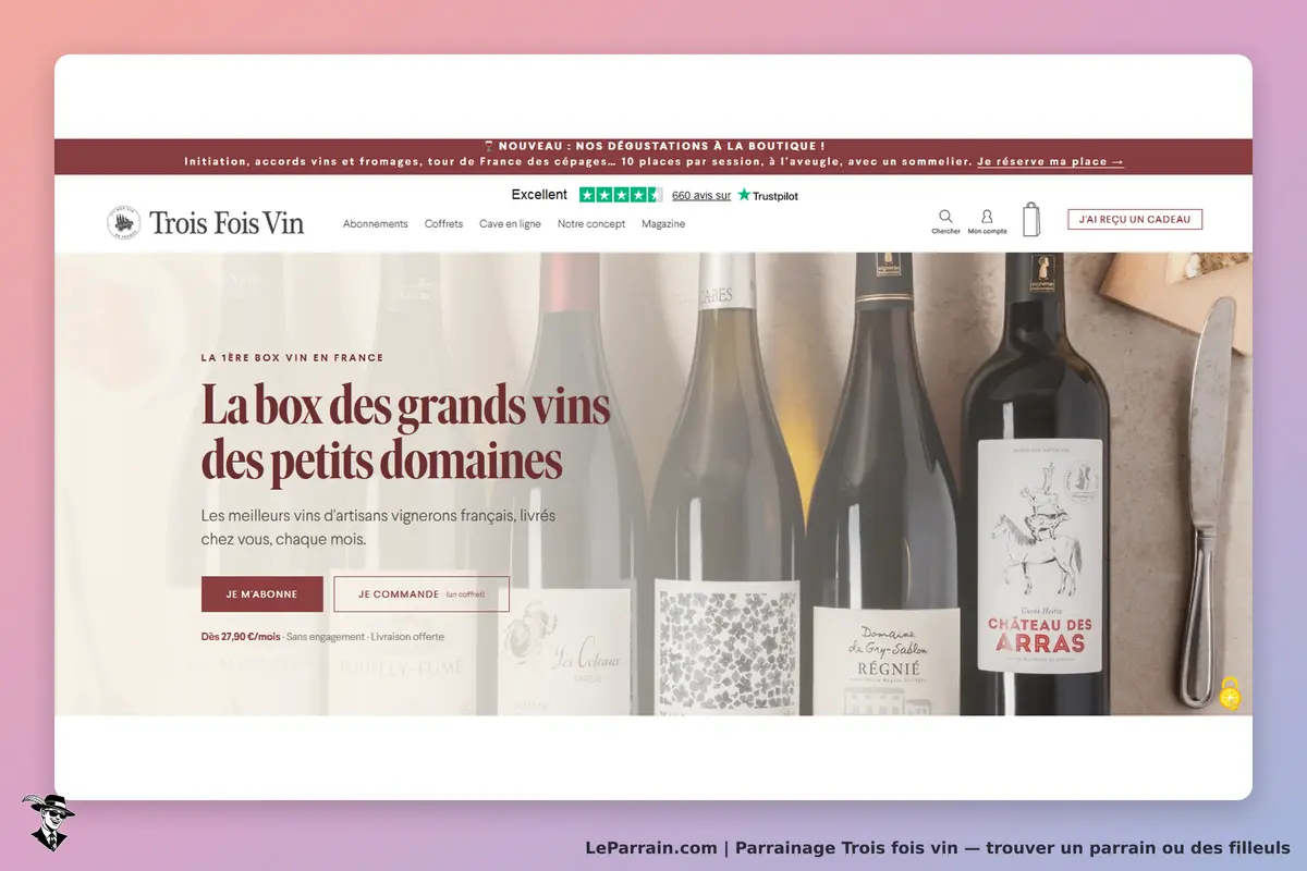 Trois Fois Vin : page d'accueil présentant des bouteilles de vin et un texte descriptif