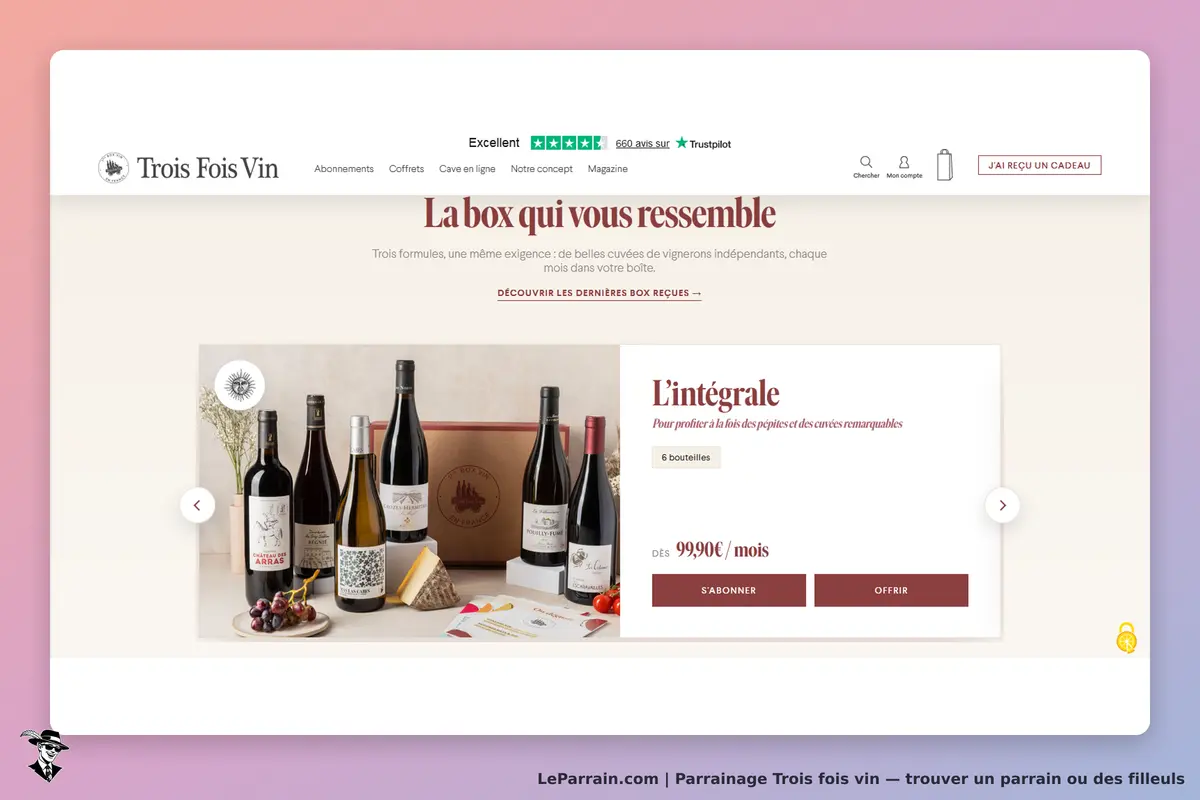 Trois fois vin : page d'accueil présentant des bouteilles de vin et une box avec des informations