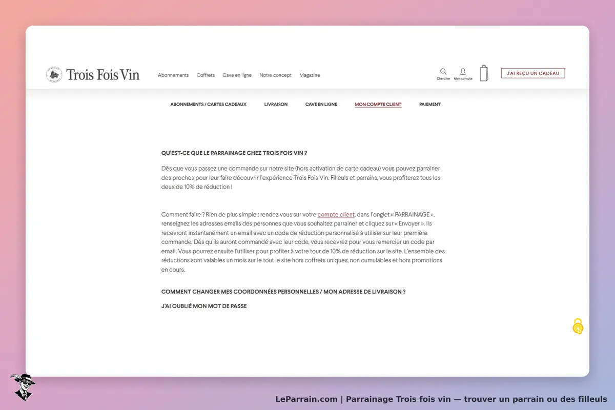 Trois fois vin : trois Foix Vin : description du parrainage sur la page d'accueil du site avec