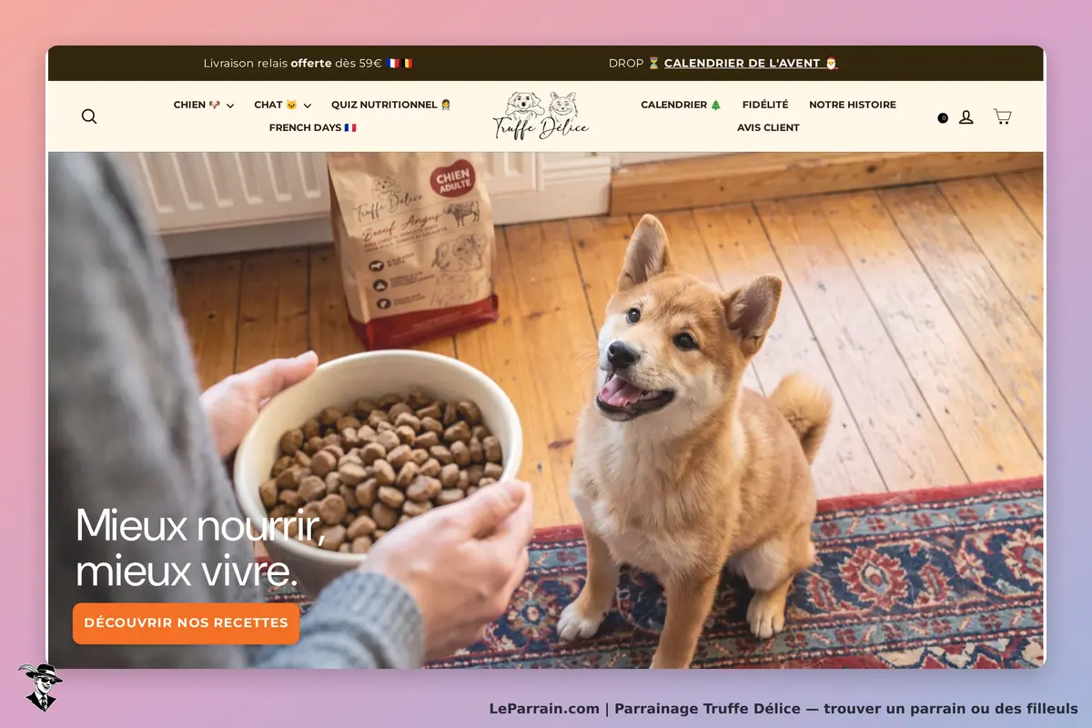 Truffe Délice : un chien attend sa nourriture dans une cuisine avec un bol et un sac de croquettes