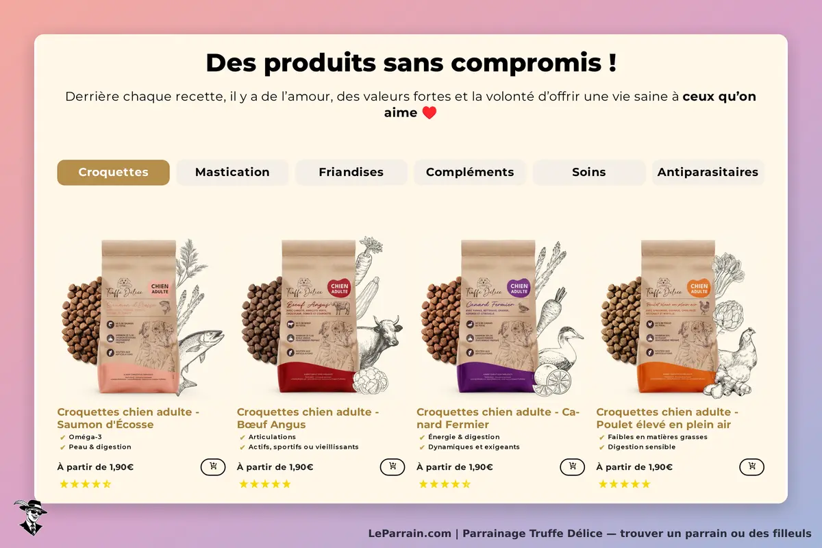 Truffe Délice : page d'accueil avec plusieurs paquets de croquettes pour chiens et des