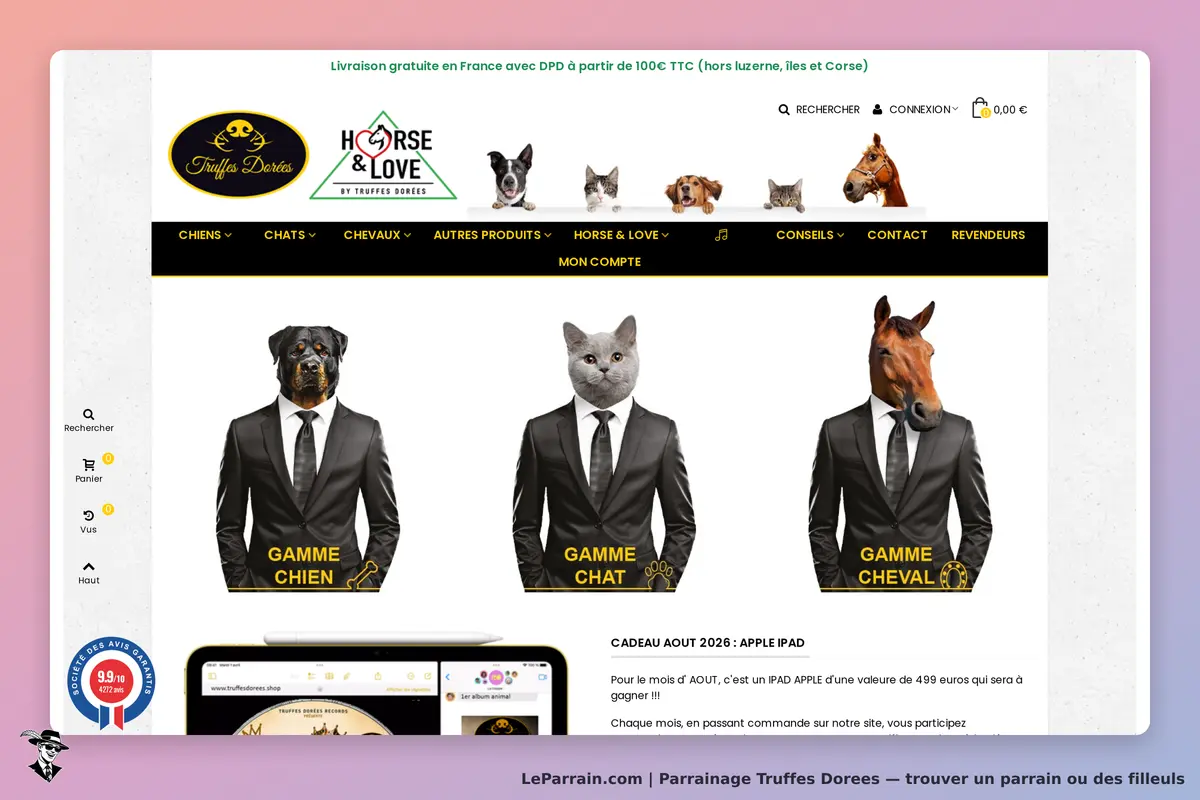 Truffes Dorees : truffes Dorées : page d'accueil avec animaux en costume et catégories de produits