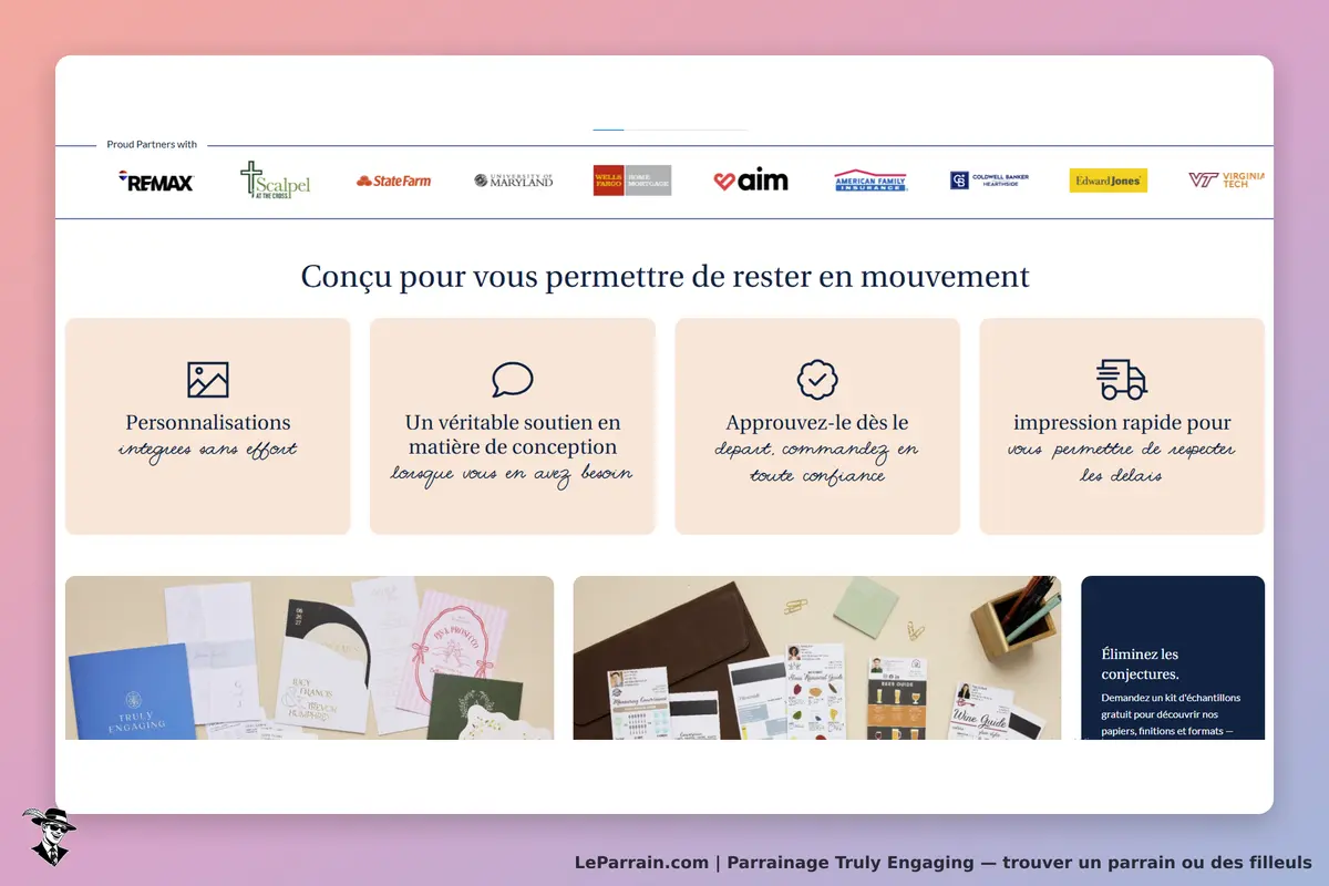 Truly Engaging : page d'accueil avec services et échantillons de produits imprimés affichés