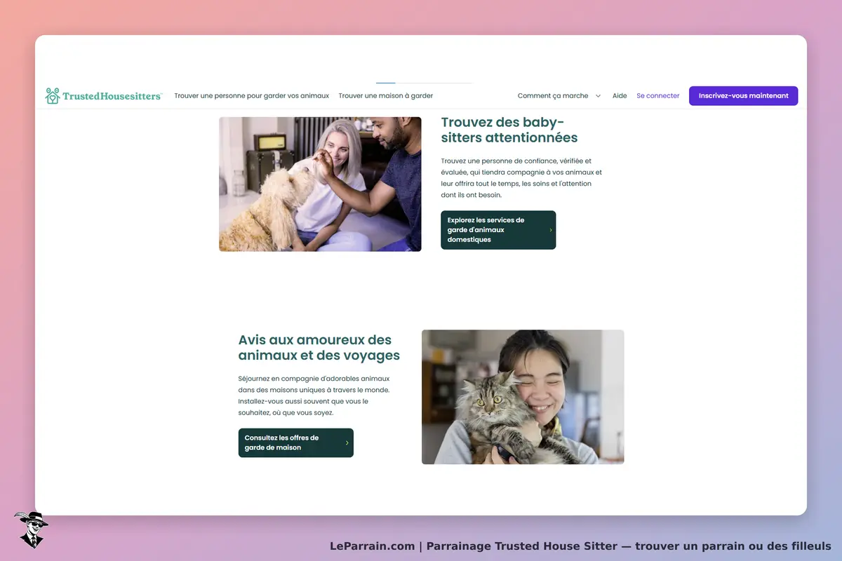 Trusted House Sitters : page d'accueil avec images de personnes et animaux, services de garde
