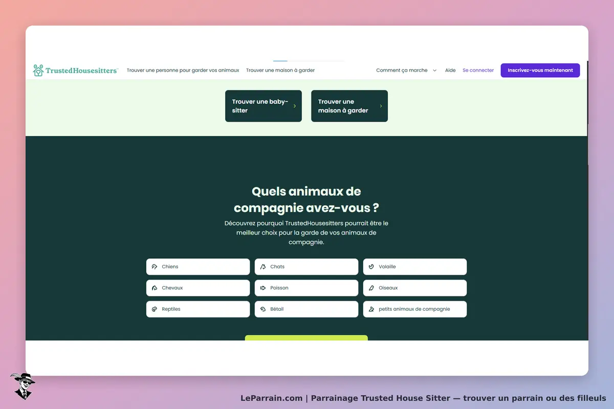 Trusted House Sitters : page d'accueil avec formulaire pour sélectionner des animaux de compagnie