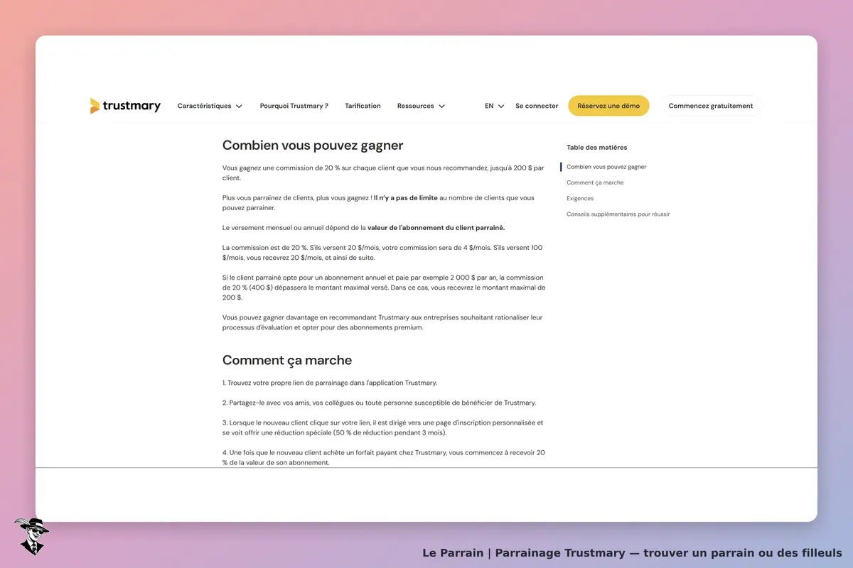 Il montre la page du programme de parrainage Suite