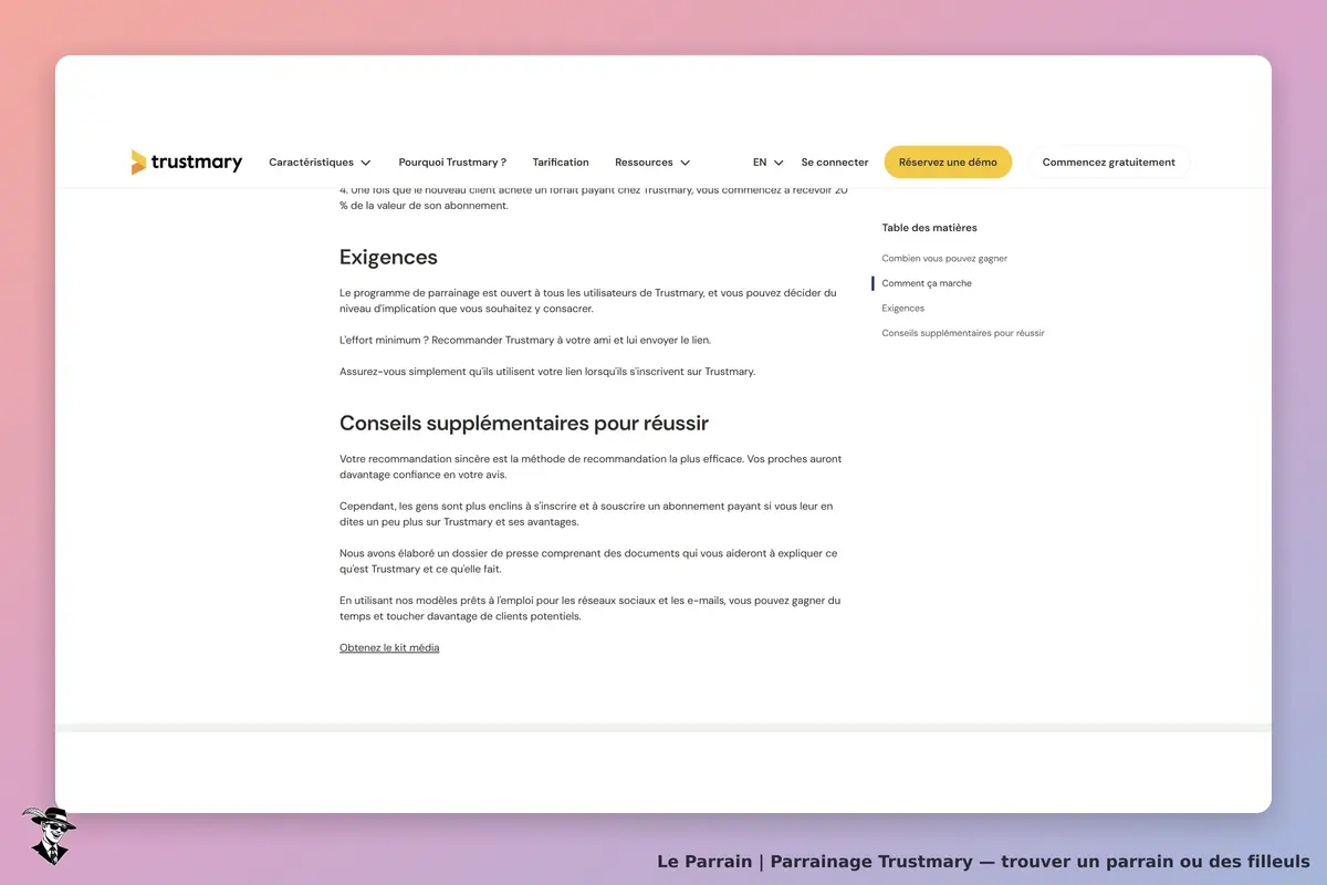 Il montre la page du programme de parrainage Suite
