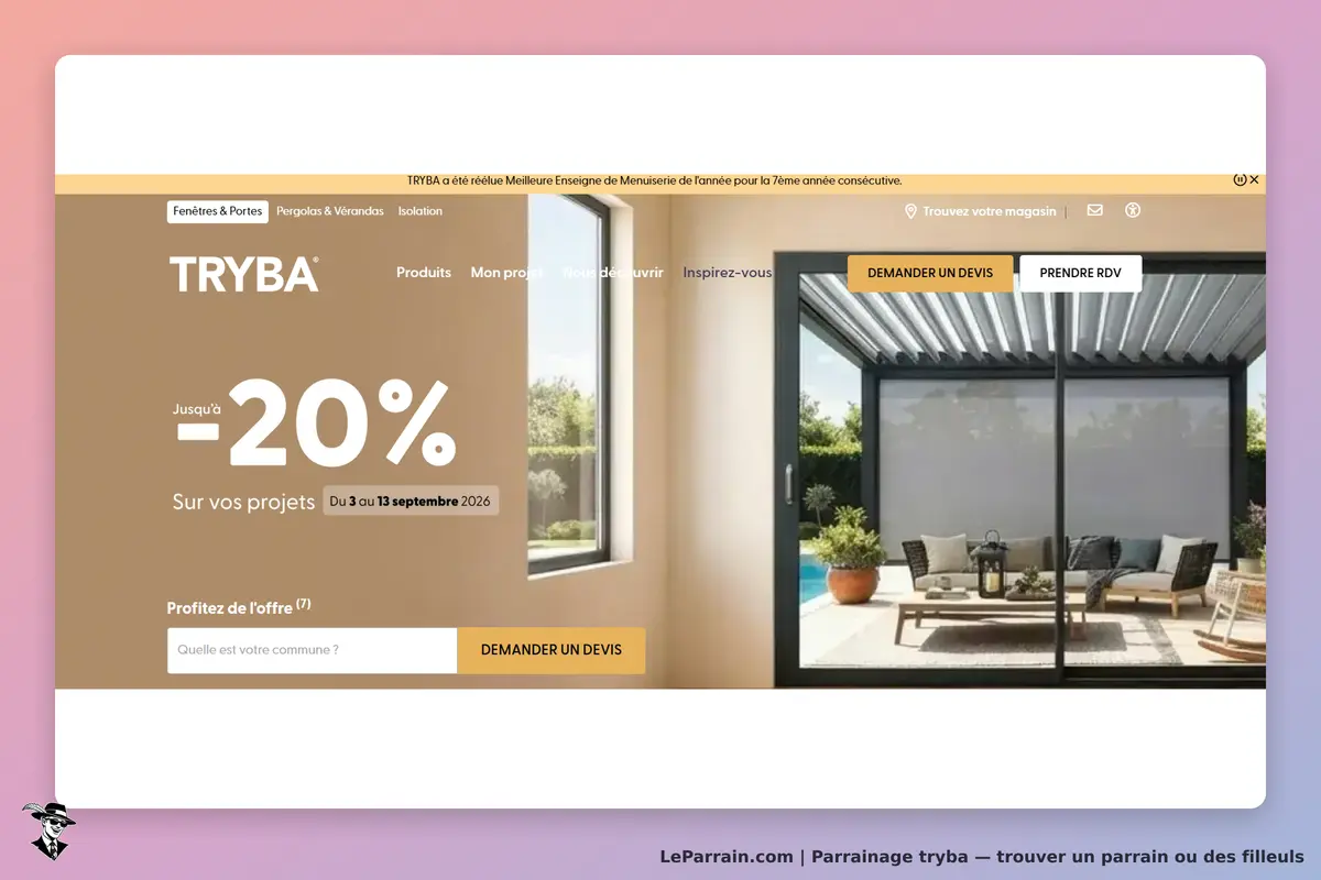 TRYBA : page d'accueil avec une terrasse, fenêtres, et boutons pour demander un devis ou un
