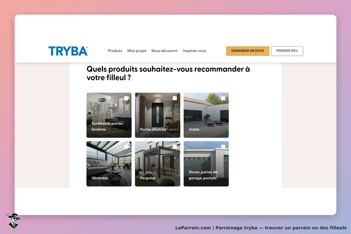TRYBA : page d'accueil avec options de produits pour le parrainage, images de fenêtres et vérandas