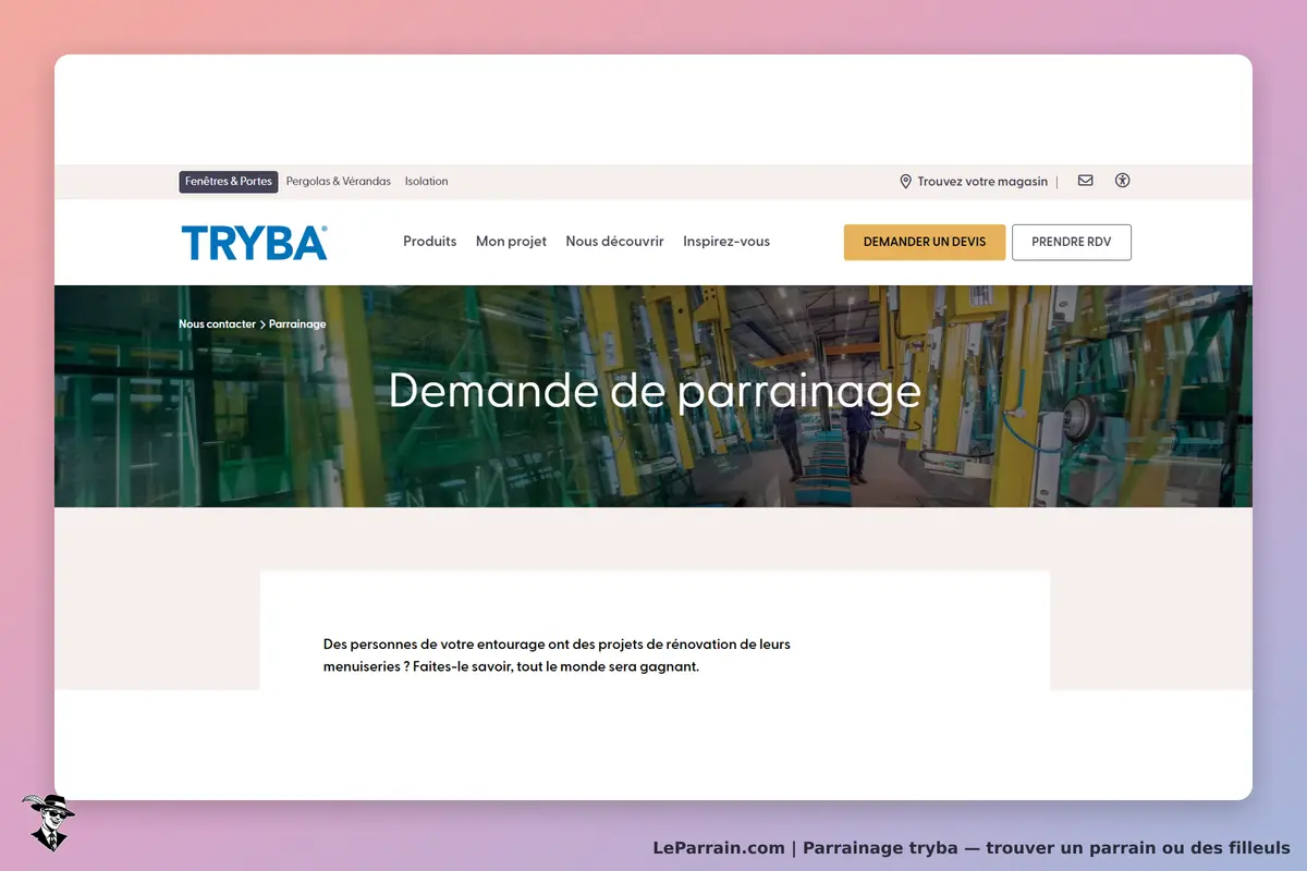 TRYBA : page d'accueil avec le titre "Demande de parrainage" et un aperçu d'un atelier