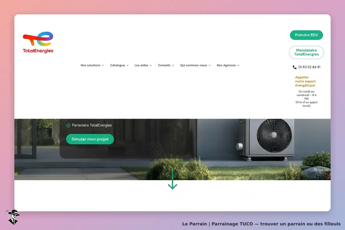TUCO : totalEnergies : page d'accueil avec options de contact et simulation de projet visible