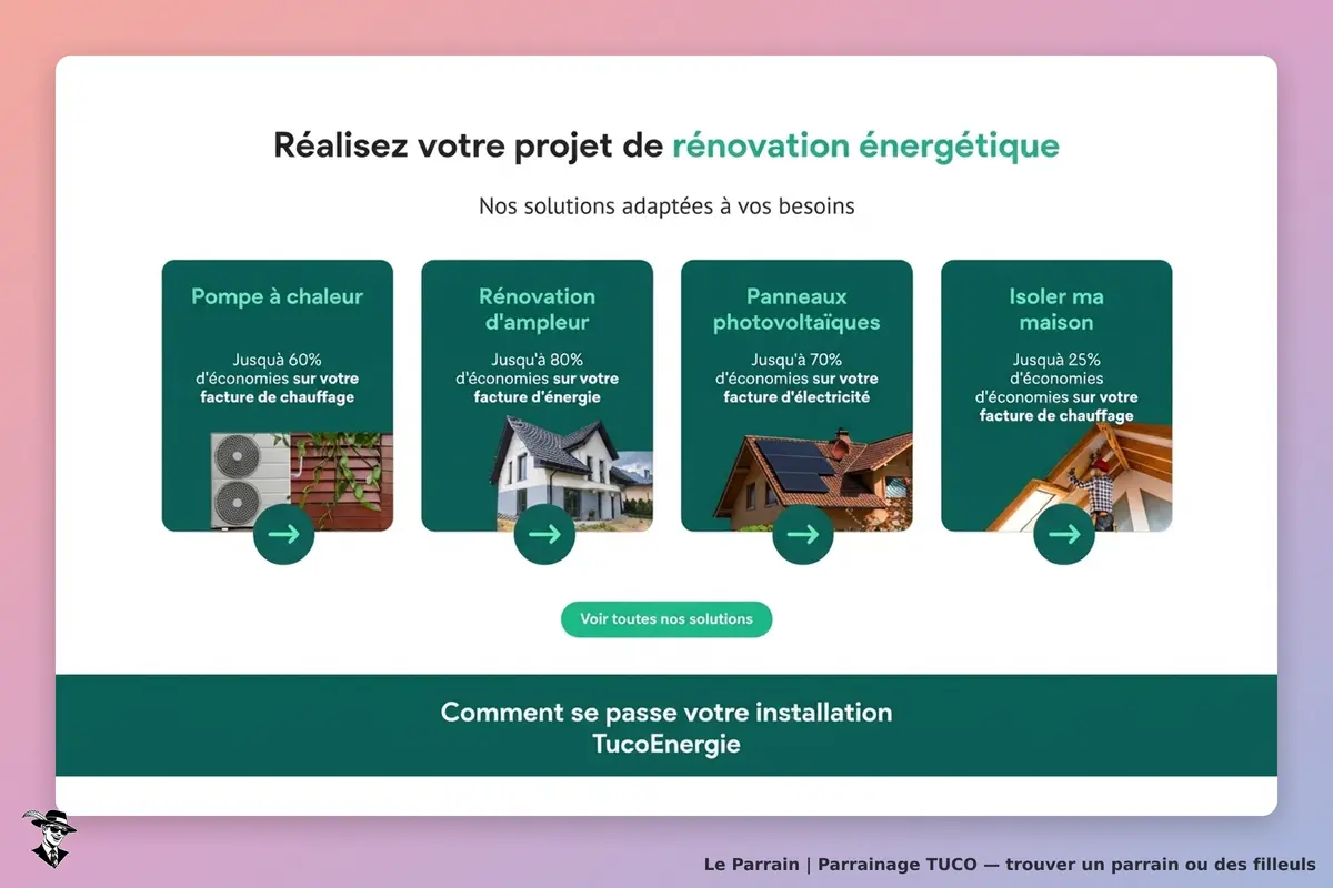 TUCO : solutions de rénovation énergétique avec quatre options illustrées et un bouton d'accès