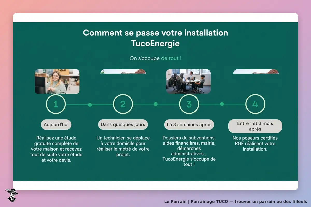 TUCO : étapes de l'installation de TucoEnergie avec images et descriptions des processus