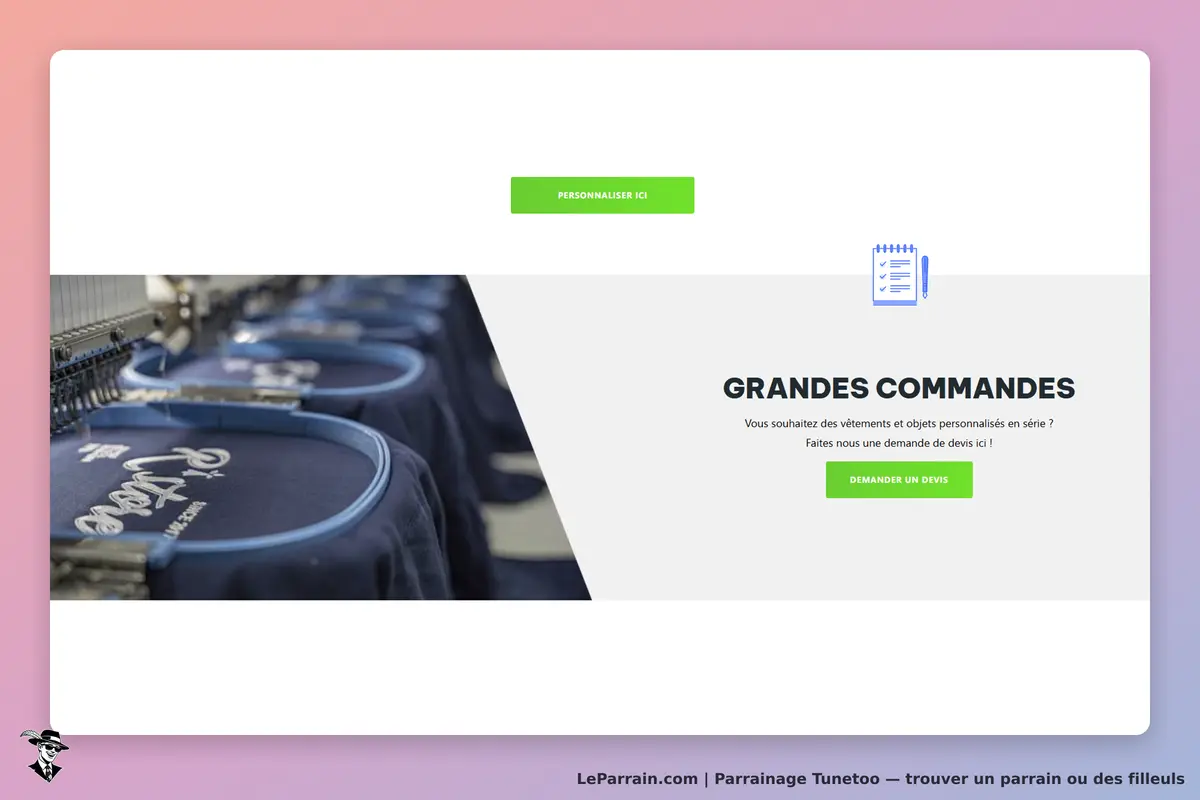 Tunetoo : page d'accueil avec machines à broder et section pour grandes commandes