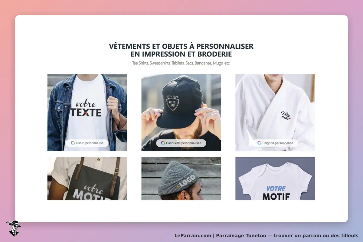 Tunetoo : page d'accueil présentant des vêtements et objets personnalisables en impression et