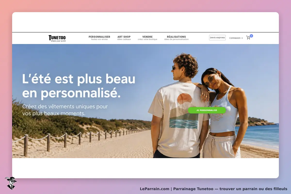 Tunetoo : page d'accueil avec un message sur la personnalisation de vêtements d'été